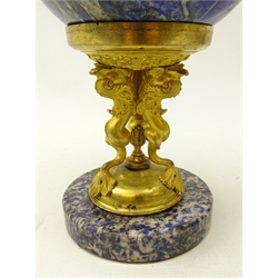  Large polished Lapis Lazuli sphere approx 16cm on gilt bronze support in the form of three mythical sea beasts, circular polished base, H29cm    