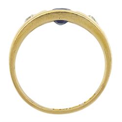 Late 19th century continental gypsy set three stone oval sapphire and old cut diamond ring, stamped 18ct, makers mark HA, total diamond weight approx 0.45 carat, sapphire approx 1.05 carat
