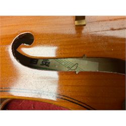 French violin for restoration with 36cm two-piece maple back and ribs and spruce top, bears label 'Lutherie Artistique M. Couturieux'; in wooden case; two modern three-quarter size violins in cases; and five violins for spares or repair
