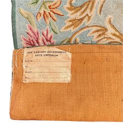 Two early 20th century Kashmiri cyan ground crewelworks 