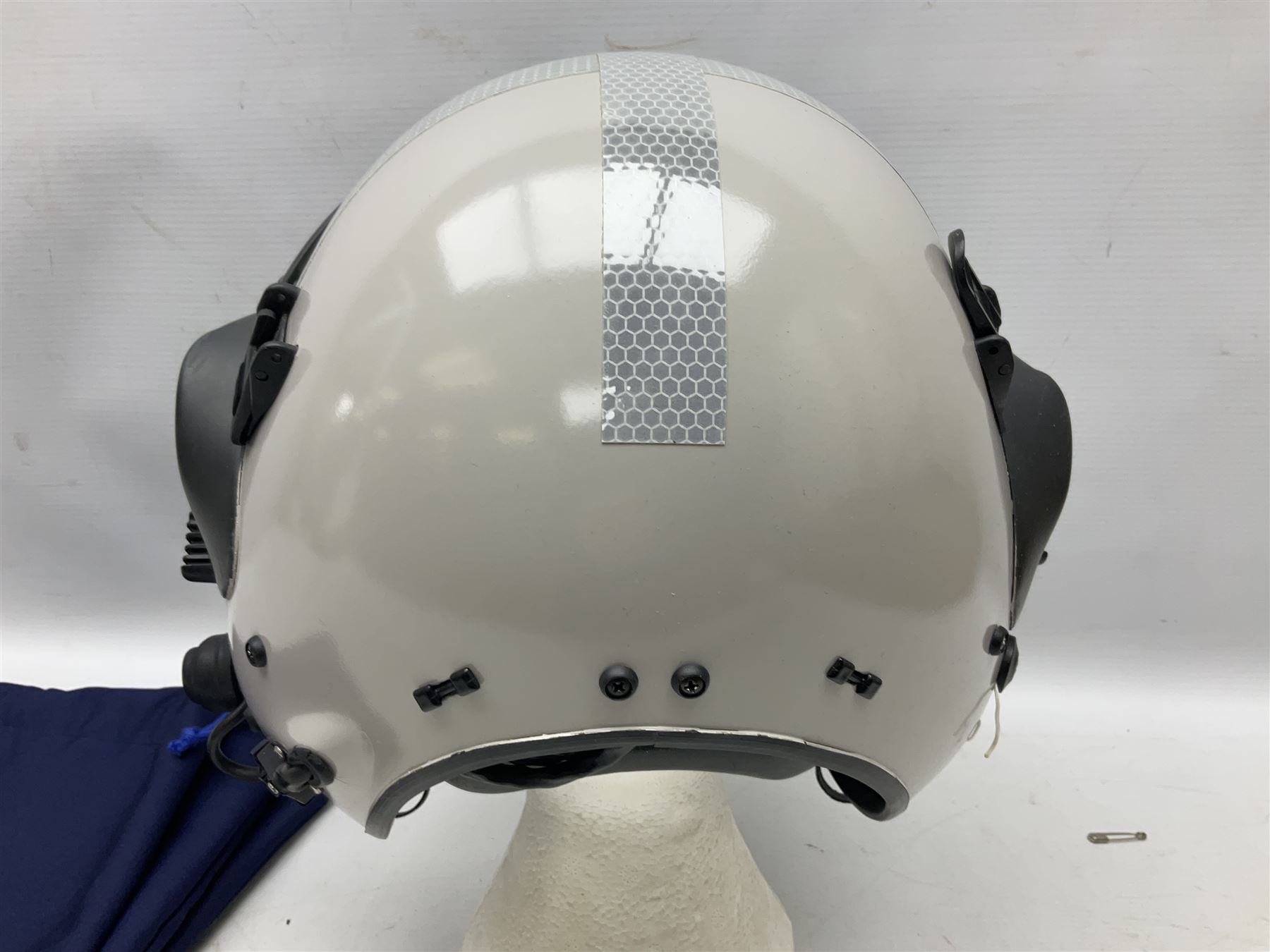 RAF Alpha MK 10B helicopter pilot's flying helmet; fully reconditioned with all avionics tested as working; finished in RAF satin grey with new visor, visor cover and boom microphone; small size; in blue cloth carrying bag