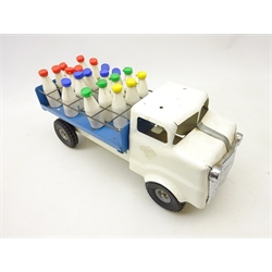  Tri-ang tinplate model of a Milk Float, white & blue with twenty bottles, L35cm  