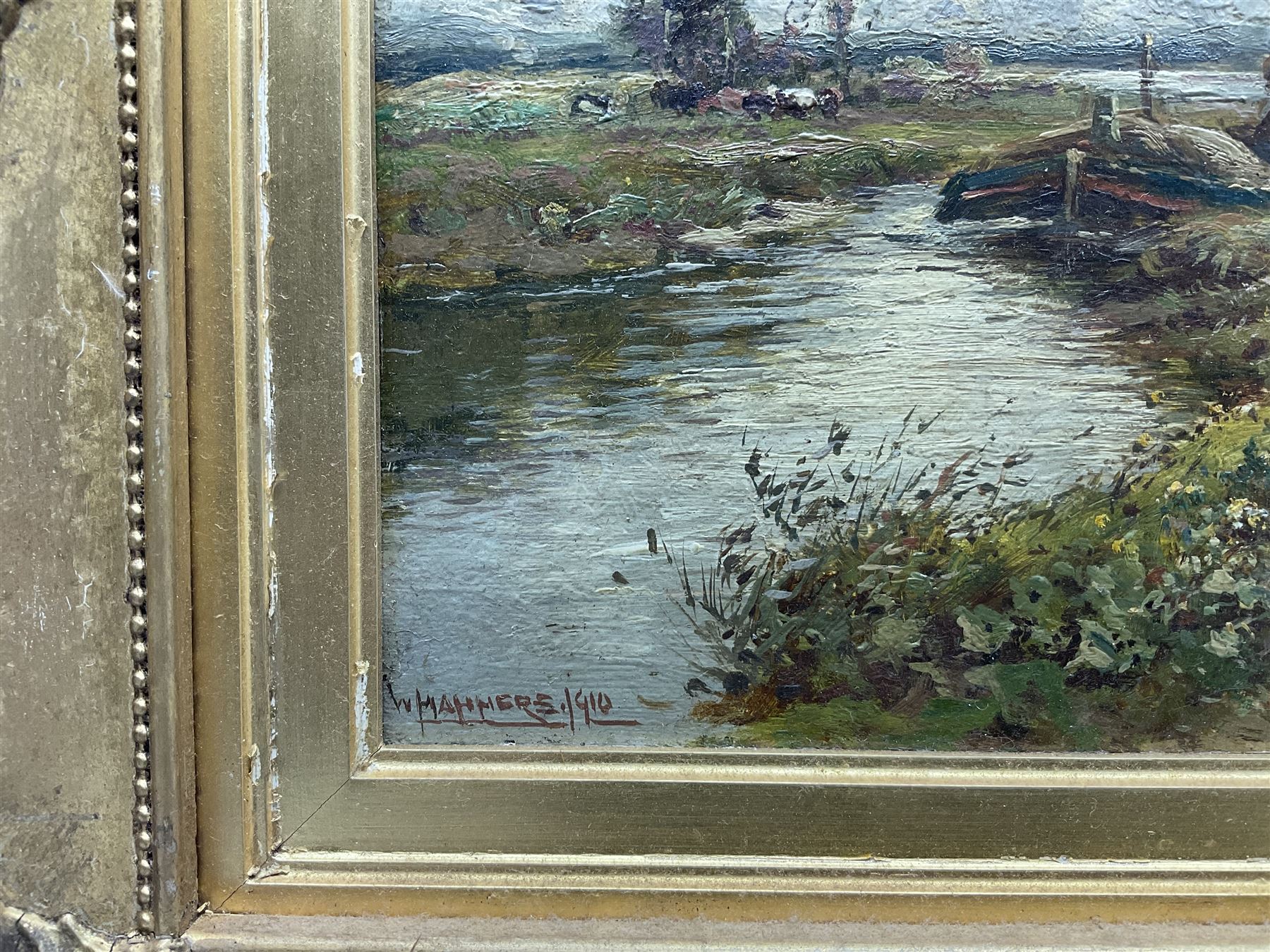 William Manners (British 1860-1930): Figure and Horses Tugging Canal Boat, oil on board signed and dated 1910, 25cm x 35cm