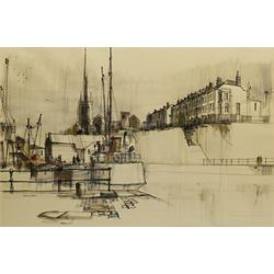 Patrick Collins (British 20th century): Shipyard before a Church, ink and watercolour signed and dated '67, 44cm x 67cm 
Notes: Collins was one of the Bristol Savages
