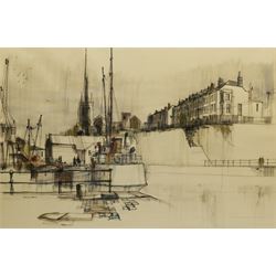 Patrick Collins (British 20th century): Shipyard before a Church, ink and watercolour signed and dated '67, 44cm x 67cm 
Notes: Collins was one of the Bristol Savages
