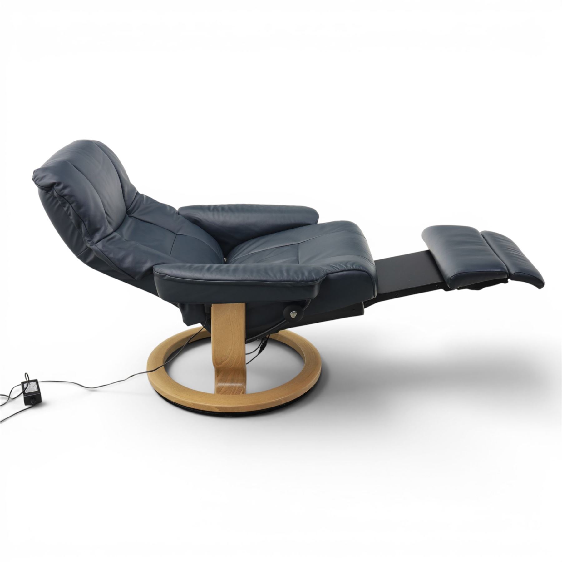 Ekornes - Stressless 'Mayfair, Classic Power' motorised swivel recliner armchair, size medium, upholstered in blue leather, raised on an oak finish frame