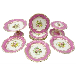  19th century Coalport Dessert Service hand painted with floral sprays within a moulded gilt border on pink ground comprising six plates, one tall comport and three low and footed tureen & cover with stand no. 5/632   