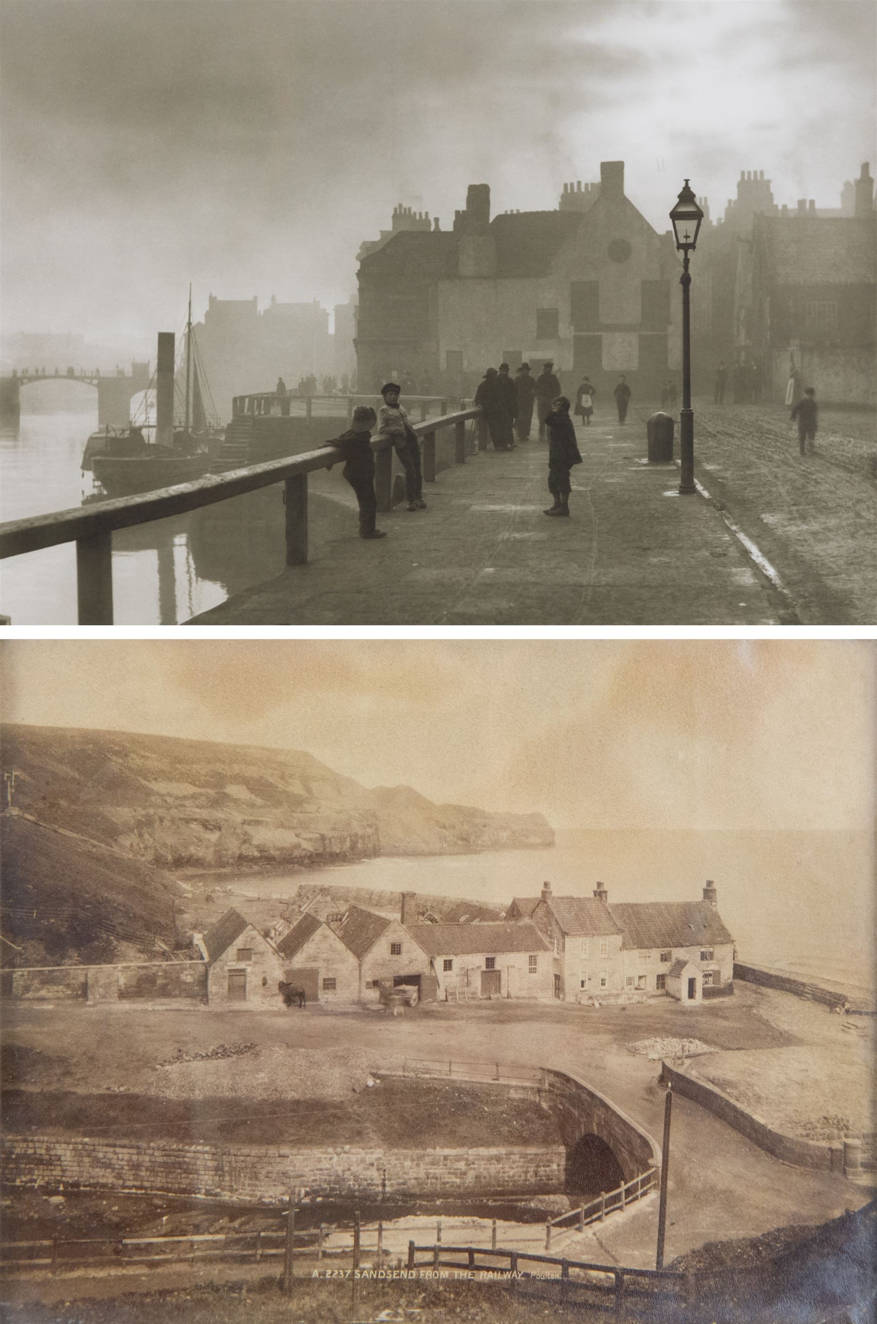 After Frank Meadow Sutcliffe (British 1853-1941): 'Pier Road Whitby', photographic print with facsimile signature 34cm x 44cm; 'Sandsend from the Railway', 19th/early 20th century photograph pub. Poulton No.A.2237, 14cm x 18cm (2) 