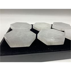 Set of six selenite hexagonal coasters, D7cm