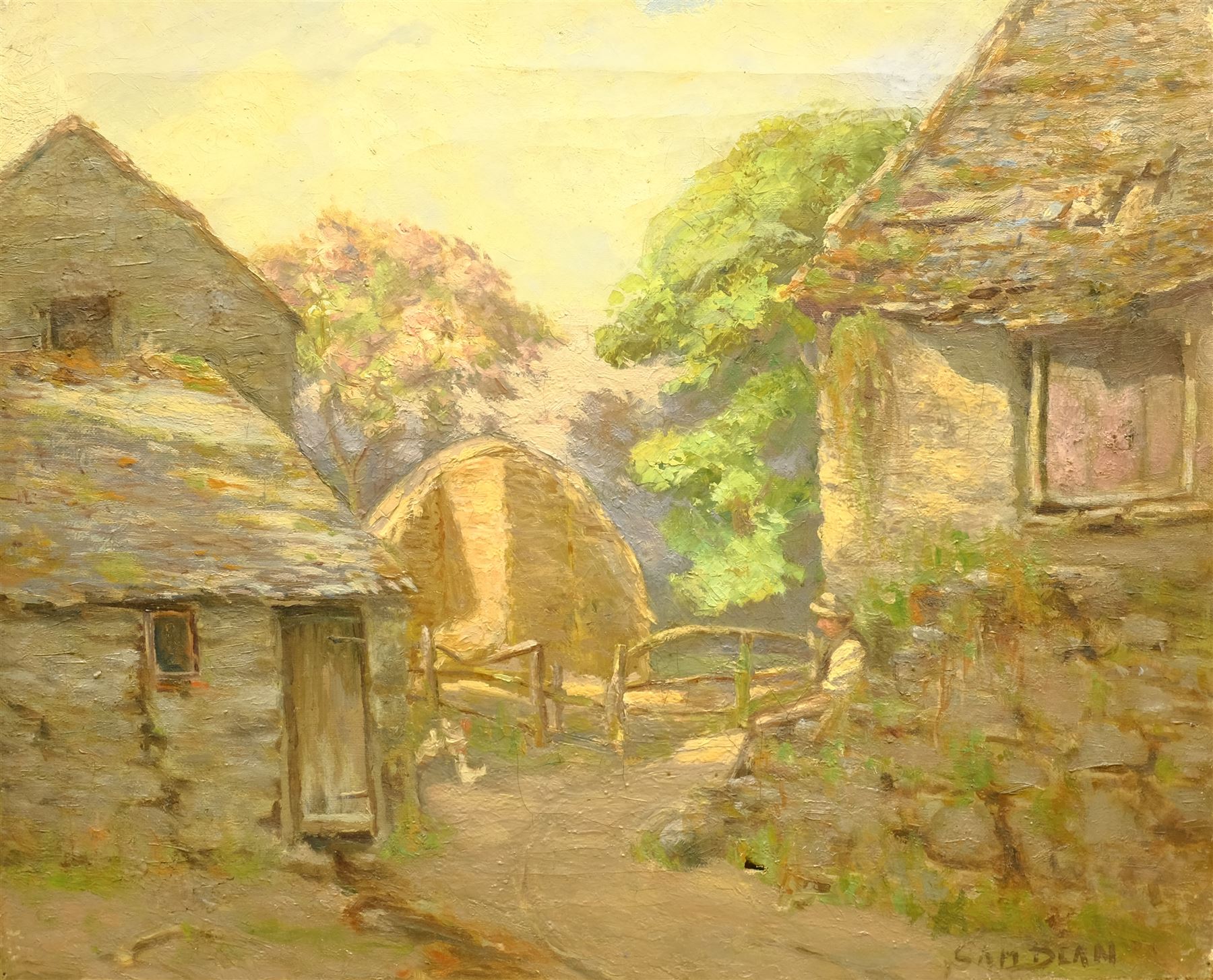 Samuel Dean (British exh.1895-1938): Farmer Resting before a Hayrick, oil on canvas signed 41cm x 51cm (unframed)