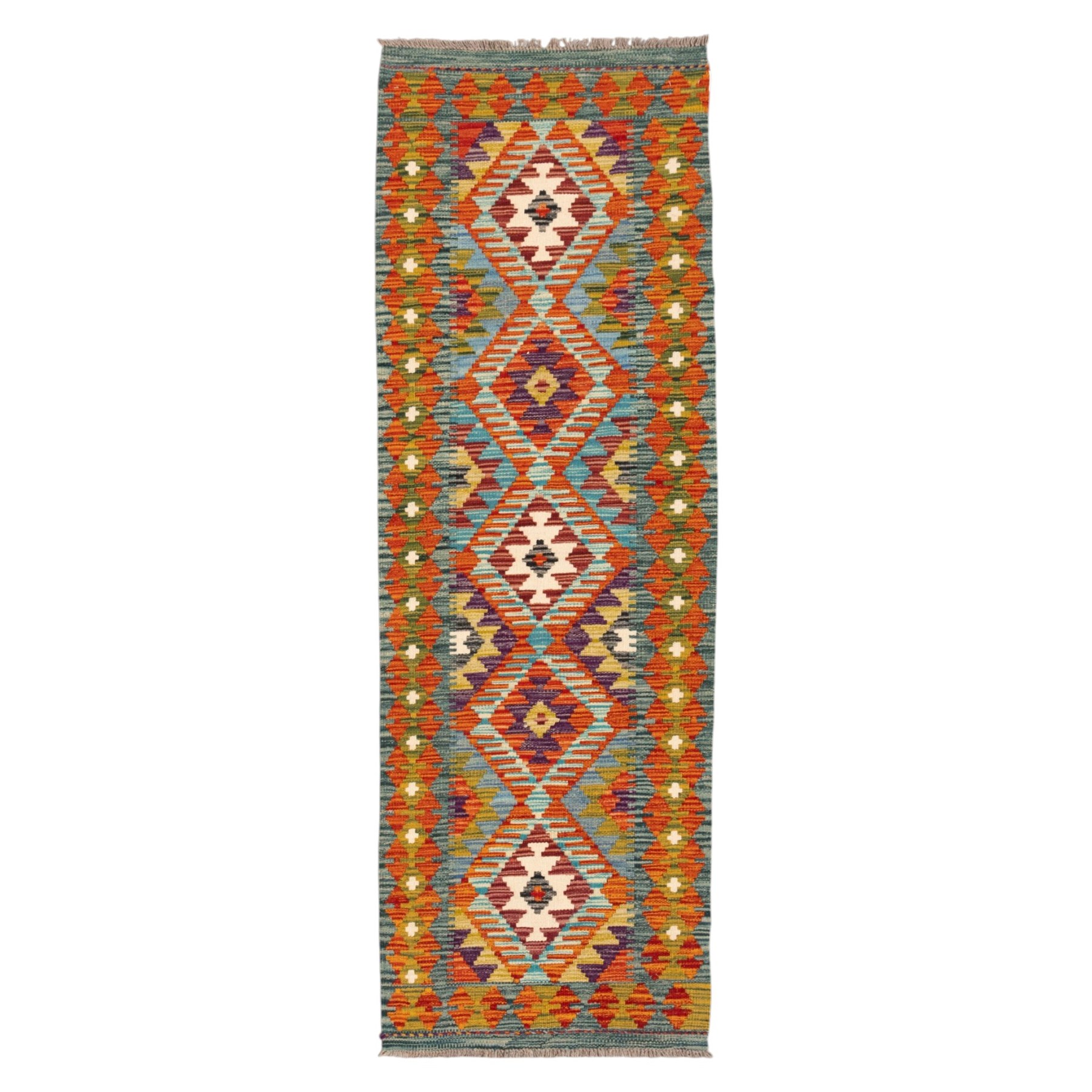 Afghan kilim amber ground runner rug, decorated a central column of repeating lozenge designs in multicolours with concentric geometric motifs, enclosed by an amber guard band with repeating diamond design