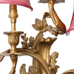 Rococo design gilt metal wall sconce, wired for electricity, with shades, including shade H61cm 