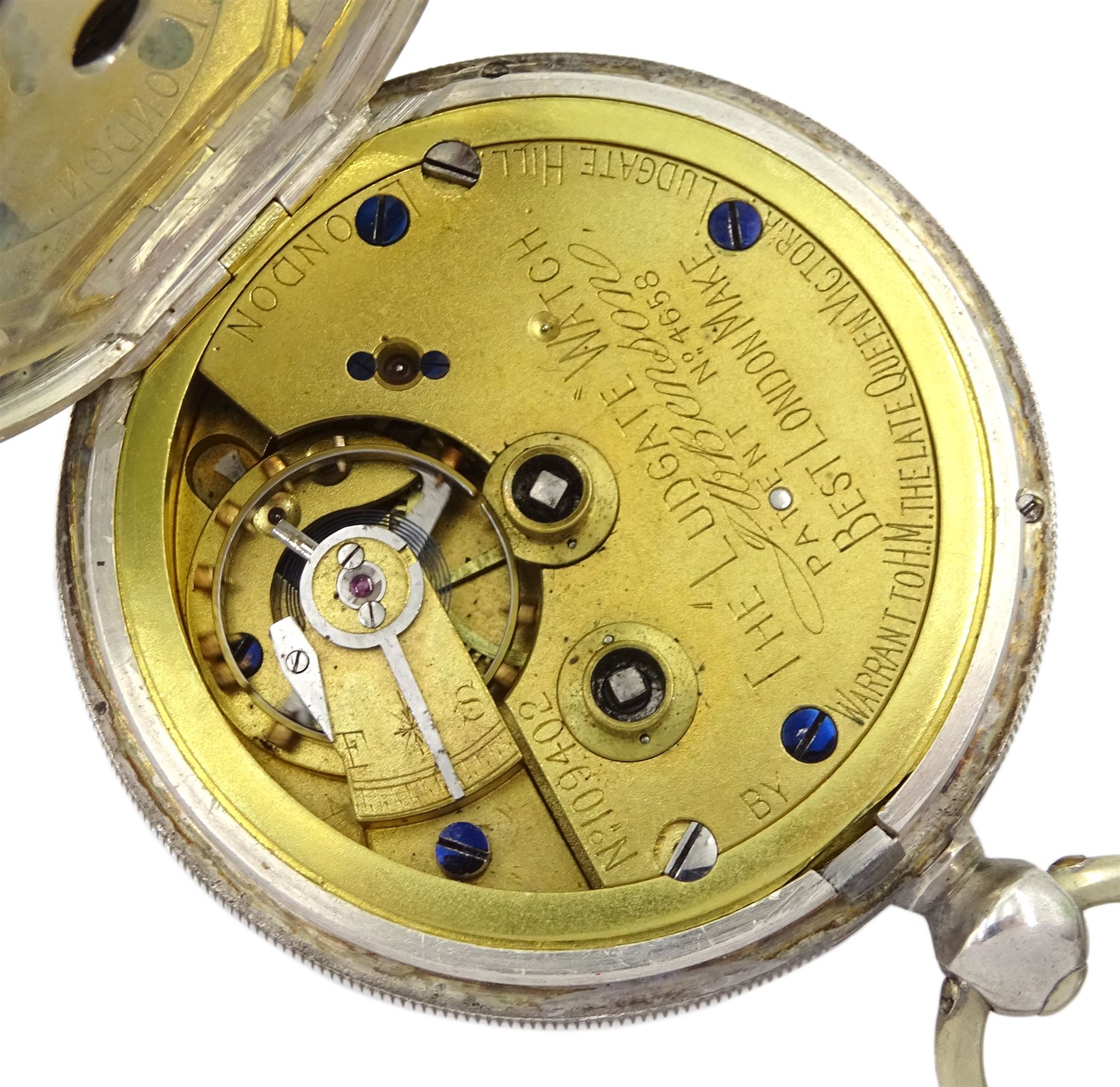 Edwardian silver open face key wound lever 'Ludgate' pocket watch by J.W.Benson, London, No. 109402, white enamel dial with Roman numerals and subsidereary seconds dial, London 1906, on Victorian graduating silver Albert chain, each link hallmarked
