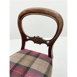 Matched set of six Victorian mahogany balloon back chairs, seats upholstered in Abraham Moon 'Skye Heather' tartan, the carver with down swept scrolled arms, five side chairs and carver, on turned fluted supports