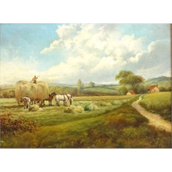  The Hay Wain, 20th century oil on canvas laid onto board unsigned 29.5cm x 39.5cm and River Landscape, 20th century colour print 16.5cm x 51.5cm (2)  