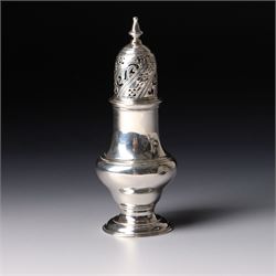 George II silver pounce pot of baluster form with engraved and pierced cover on a domed fo...