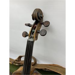 German trade violin c1900 with 36cm two-piece maple back and ribs and spruce top, bears label 'Copy of Antonius Stradivarius Made in Germany', overall L59cm; in simulated reptile skin case and outer canvas carrying case