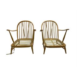 Ercol - 'Windsor' three seat settee (W175cm, H77cm); and pair ercol 'Windsor' easy armchairs (W70cm, H77cm), (no cushions, frames only)