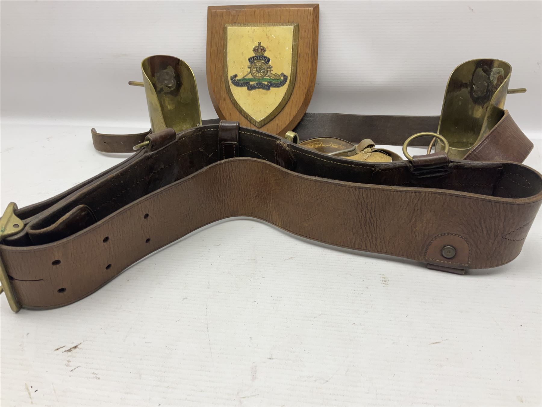 British Army Sam Brown leather belt with Turkish markings; New Zealand Land Forces officer's commission certificate dated 1919; WWII small pair of trench art brass helmet shaped scuttles; and other items