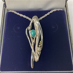 Silver and 14ct gold wire turquoise and pearl abstract design pendant necklace, stamped 925 