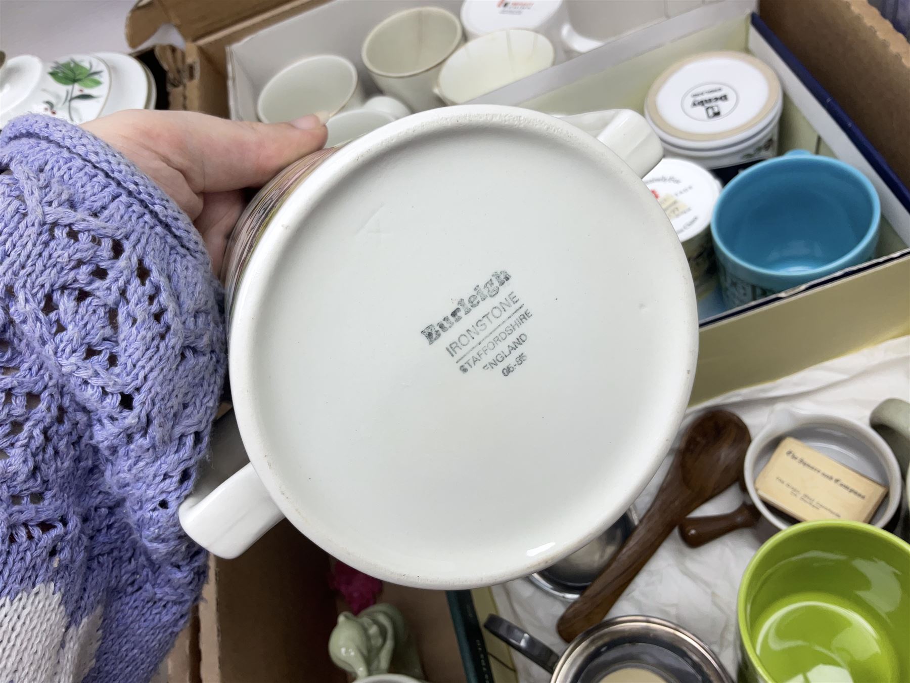 Large collection of ceramics to include God Speed the Plough loving cup, Denby, Coalport, Portmeirion, quantity of mugs etc in four boxes