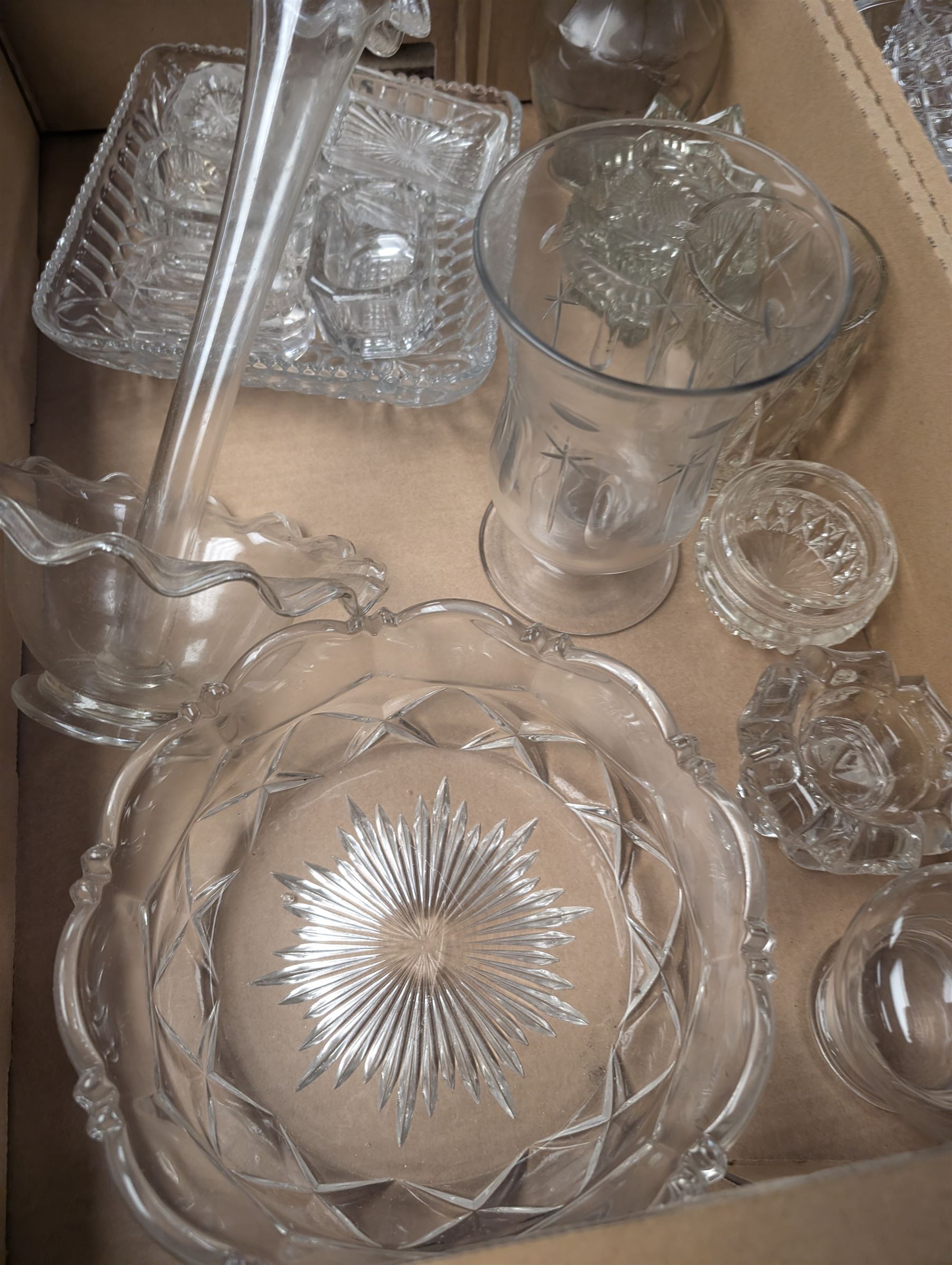 Clear glass epergne, silver plated tray, and a collection of cut and coloured glass ware, in two boxes