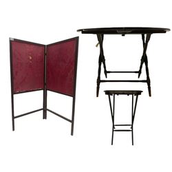 Early 20th century folding table, two panel folding screen and a pokerwork folding occasional table