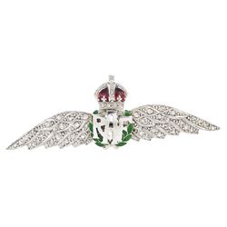 Early 20th century white gold, rose cut diamond and enamel RAF brooch, stamped 9ct