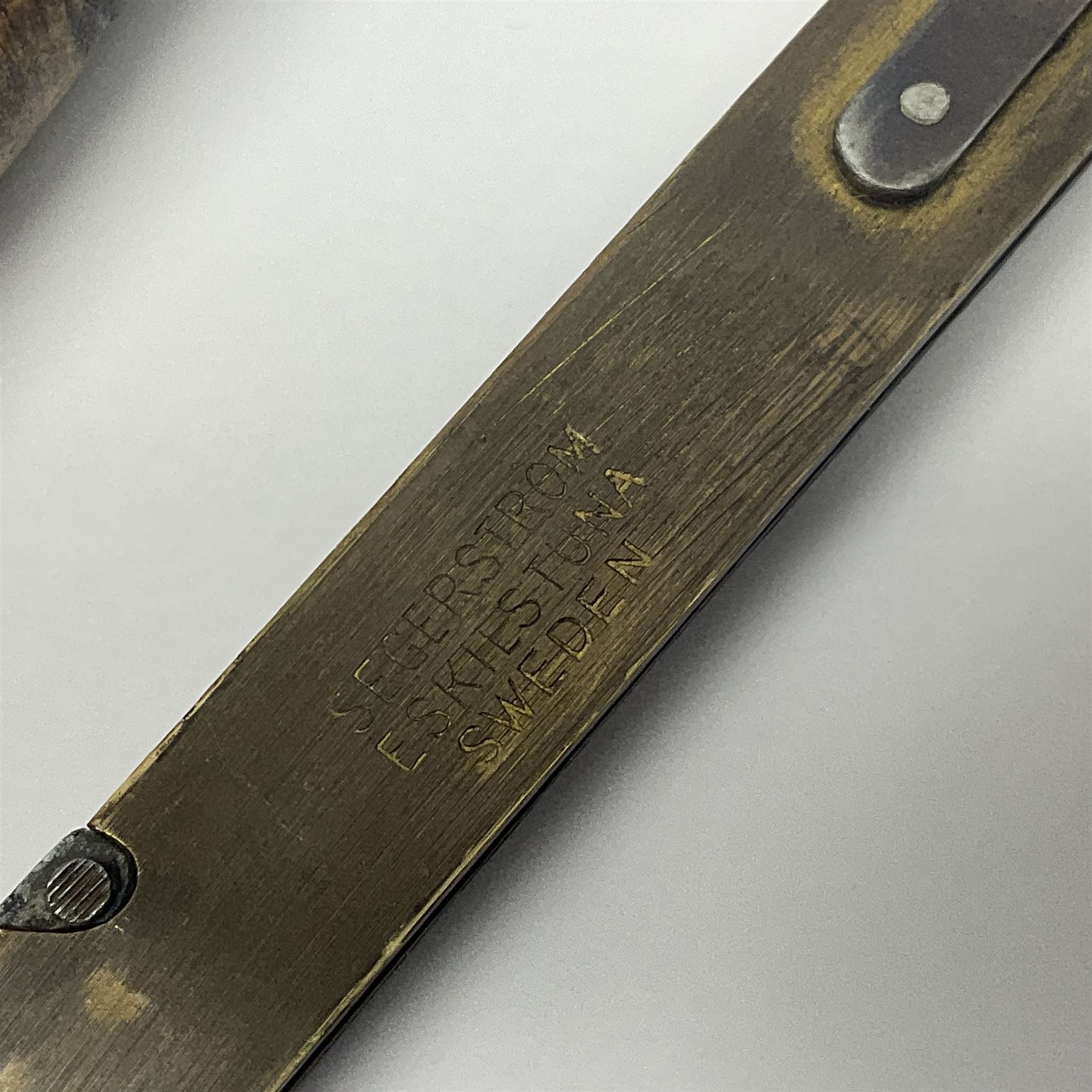 Mid 20th century Swedish barrel/sloyd knife by Segerstrom, with wooden handle and leather strap, stamped Segerstrom Eskiltuna Sweden, blade 8cm