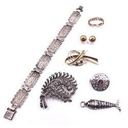 9ct gold jewellery including cubic zirconia eternity ring, sapphire brooch and a pair of stud earrings and silver jewellery including marcasite flower brooch, link bracelet, brooch and articulated fish