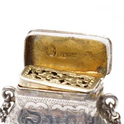 19th century silver vinaigrette modelled as a purse with engraved decoration and hinged grille, marks rubbed, Maker D & Co