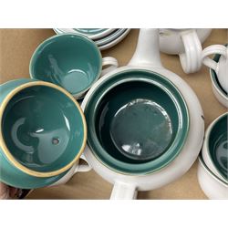 Denby Green Wheat pattern part tea and dinner wares, including serving platters, teacups, teapot, side plates, etc, all with stamped mark beneath