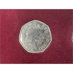 Queen Elizabeth II United Kingdom London 2012 Olympic commemorative fifty pence collection comprising twenty-nine coins and completer medallion, housed in unofficial display case