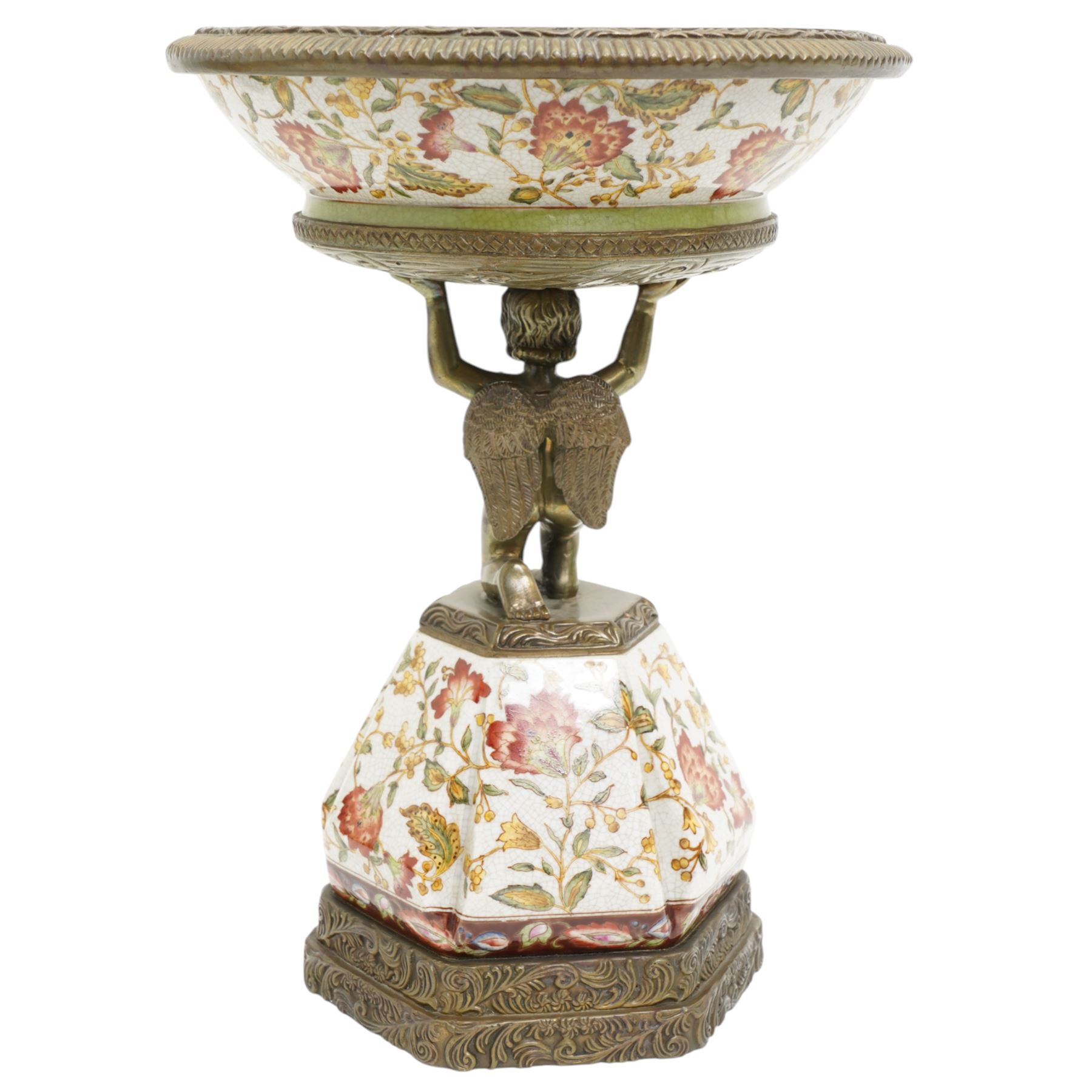 Wong Lee comport, with polychromatic enamel floral decoration, the stem formed as kneeling cherub, marked to base, H37cm 