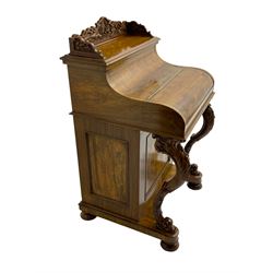 Fine and unusual 19th century olivewood piano top davenport, raised shaped back carved with olive branches and olives, the top hinges to reveal lidded and correspondence compartments, the piano lid enclosing sliding top with hinged and adjustable writing surface with leather inset, right-hand panelled door enclosing four drawers, olive branch and scroll carved cabriole front supports on moulded and shaped platform, turned cup feet with recessed castors 