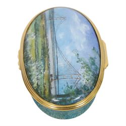 Halcyon Days bespoke commissioned enamel pill box, painted with the Humber Bridge, H3cm