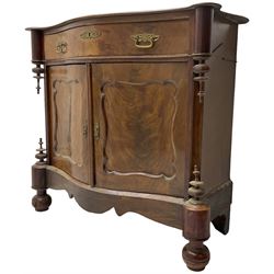 Victorian mahogany serpentine side cabinet, fitted with single drawer over panelled cupboard enclosing single shelf, raised on turned bun feet