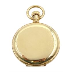 Early 20th century 10ct gold full hunter, keyless lever fob watch by American Watch Company, Waltham, No. 8551191, white enamel dial with subsidereary seconds dial and Roman numerals, the back case with gypsy set single stone old cut diamond and with beaded border, stamped 10K