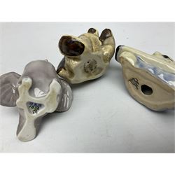 Three Beswick figures of horses, comprising Palomino foal 915, Dapple Grey foal and bay, together with Bing & Grondahl 1852 fledging sparrow modelled as a hungry baby bird and two other animal figures