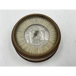 19th century pocket sundial compass pantochronometer, central sun dial pivoting with angled gnomon, within a broad enamelled band, listing world cities, paper calendar label to cover
