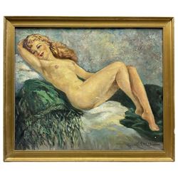 Roberte Chevalier (French 1907-2000): Reclining Female Nude 'Châle Vert', oil on canvas signed, titled verso 45cm x 54cm