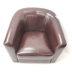 Swivel tub chair upholstered in chocolate brown leather, W80cm