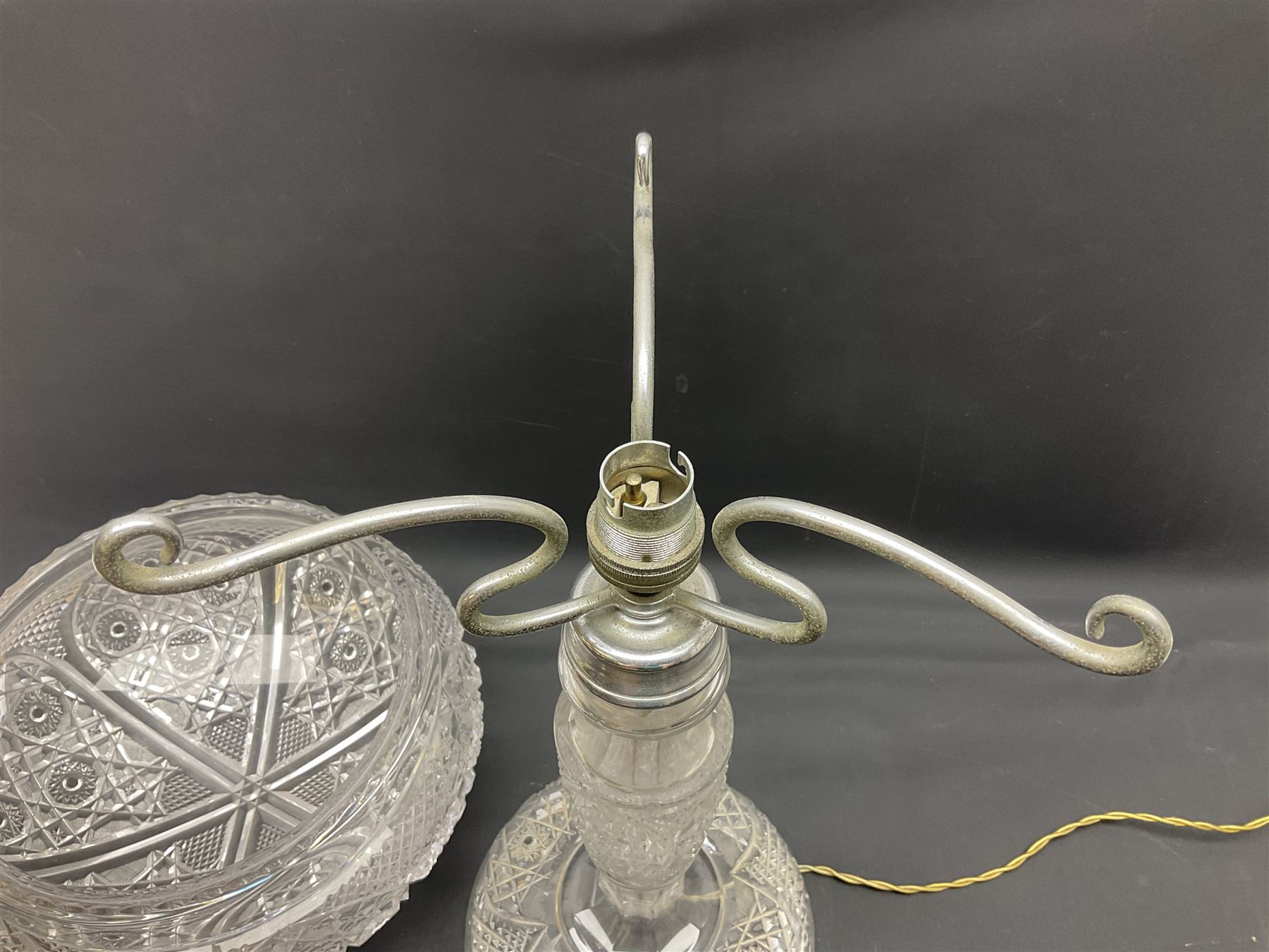 Cut glass table lamp base, of tapering form upon circular base, with conforming cut glass domed lamp shade, H45cm