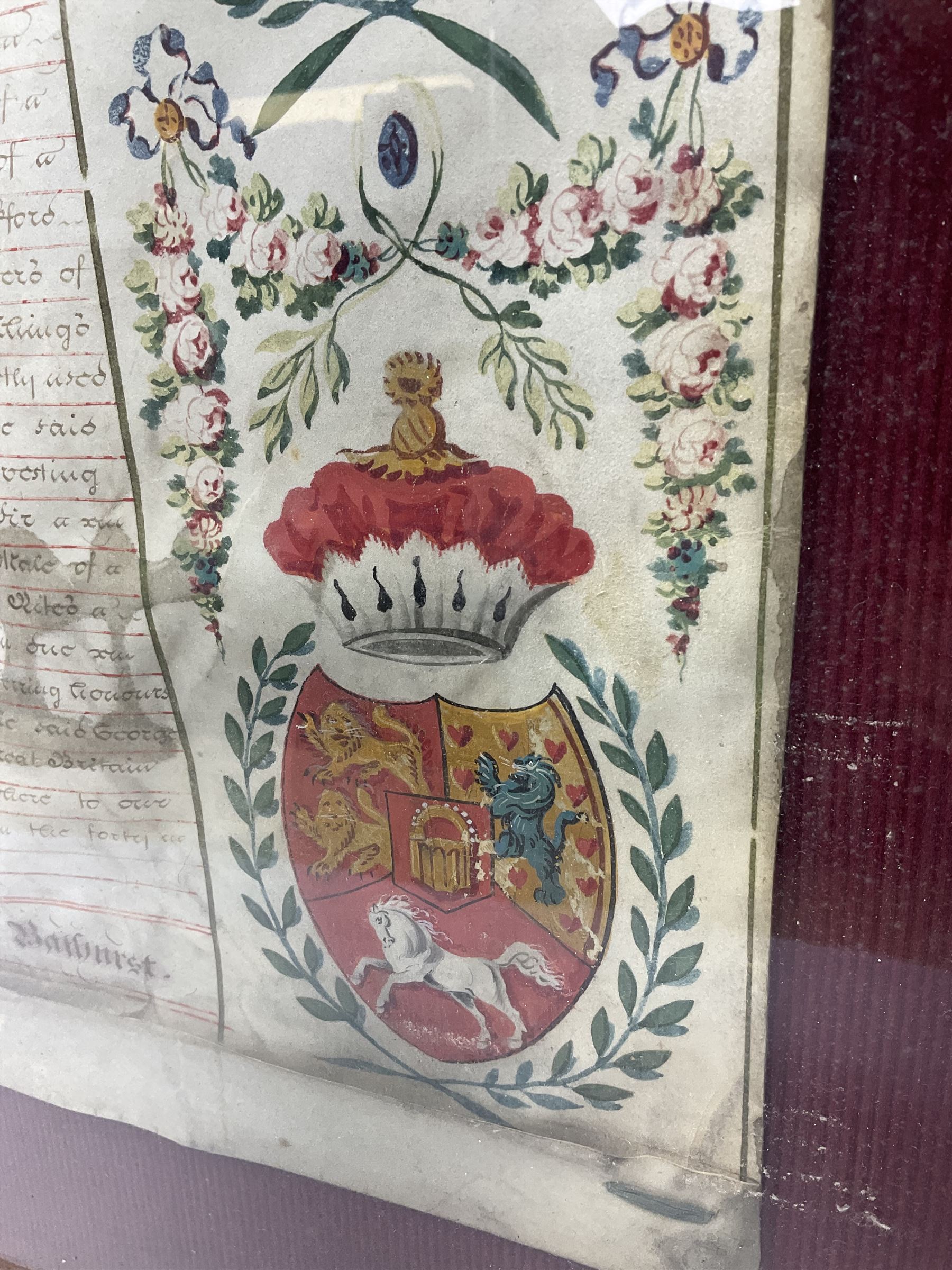 Large 18th century framed and glazed Indenture for King George III to George Rivers, Lord Rivers of Straths Saye, including frame H92.5cm L107.5cm