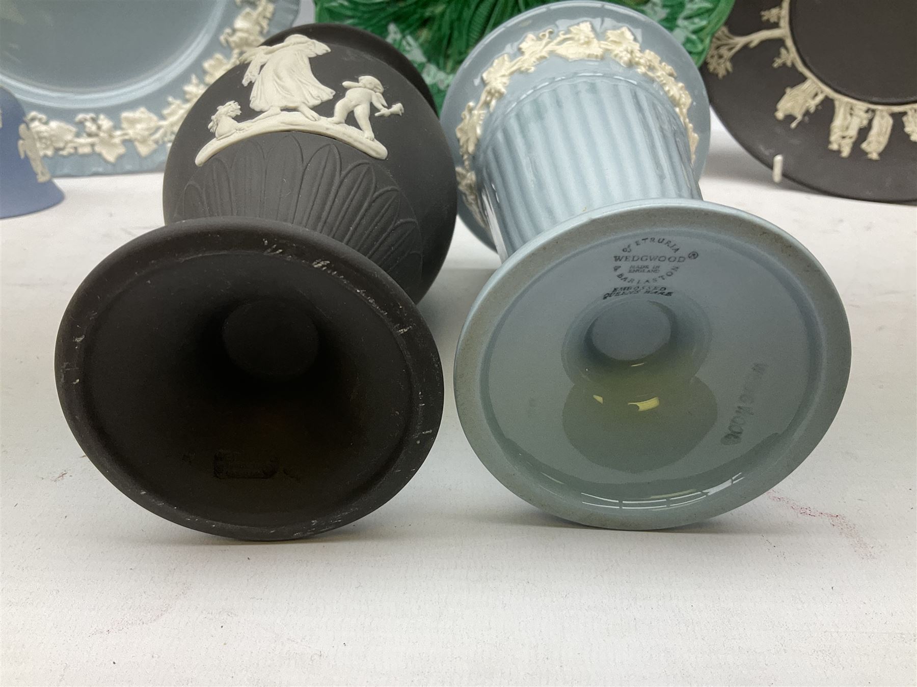 Collection of Wedgwood, to include queensware pattern fluted vase and plate, green majolica leaf dish, Jasperware in blue, green and black, to include covered trinket boxes, vases, plates etc   