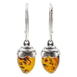 Pair of silver Baltic amber acorn pendan
