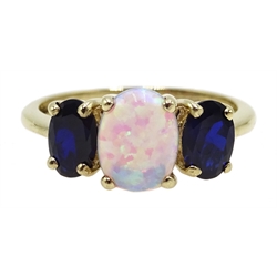 Sapphire and opal three stone 9ct gold ring hallmarked