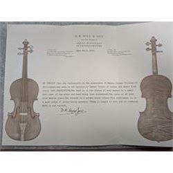 Early 19th century English cello by Samuel Gilkes of London, circa 1820, with two piece back and pine table finished in a golden brown varnish, certificate of authenticity from D.R Hill & Son, Buckinghamshire, numbered H494 in their records, in Hiscox hard case, with two horse hair cello bows, the first an English example stamped Ferranda Millars Liverpool, the second a German example stamped R. Paesold, both with ebonised mother of pearl/abalone frogs and ivory tip plates
This item has been registered for sale under Section 10 of the APHA Ivory Act