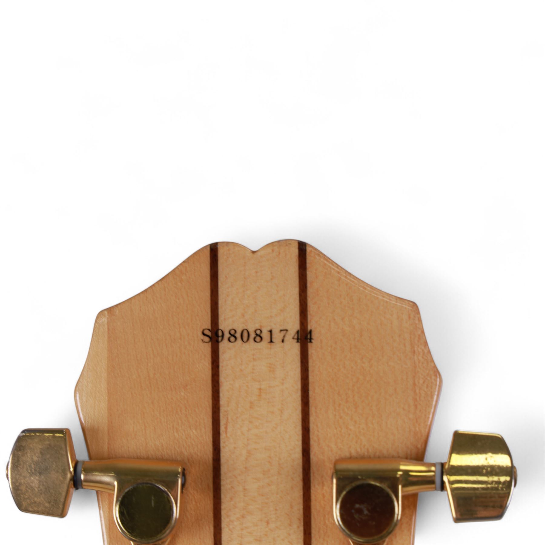 Epiphone by Gibson Sheraton semi-hollow electric guitar, serial no. S98081744 made in Korea c.1998, with natural blonde body, maple neck, fretboard with abalone and mother of pearl split block markers, with inlaid mother of pearl tree of life design and Epiphone logo to headstock, L109cm