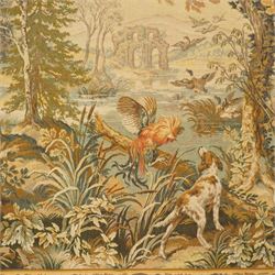 Large French Aubusson style verdure tapestry, of 18th century design but later, depicting a country landscape and ruins with hunting prey to foreground, 153cm x 212cm
